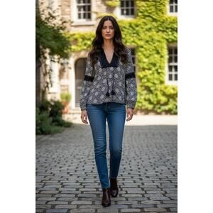 Tory Burch Tunic Top Women’s Size 2 Black White Floral Cotton Boho Crochet Boho